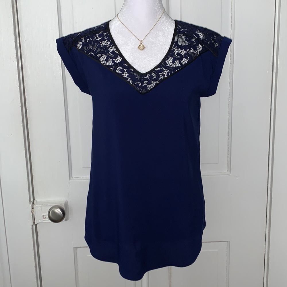 EXPRESS SILKY V-NECK ROLL SLEEVE BLOUSE WITH LACE INSERT